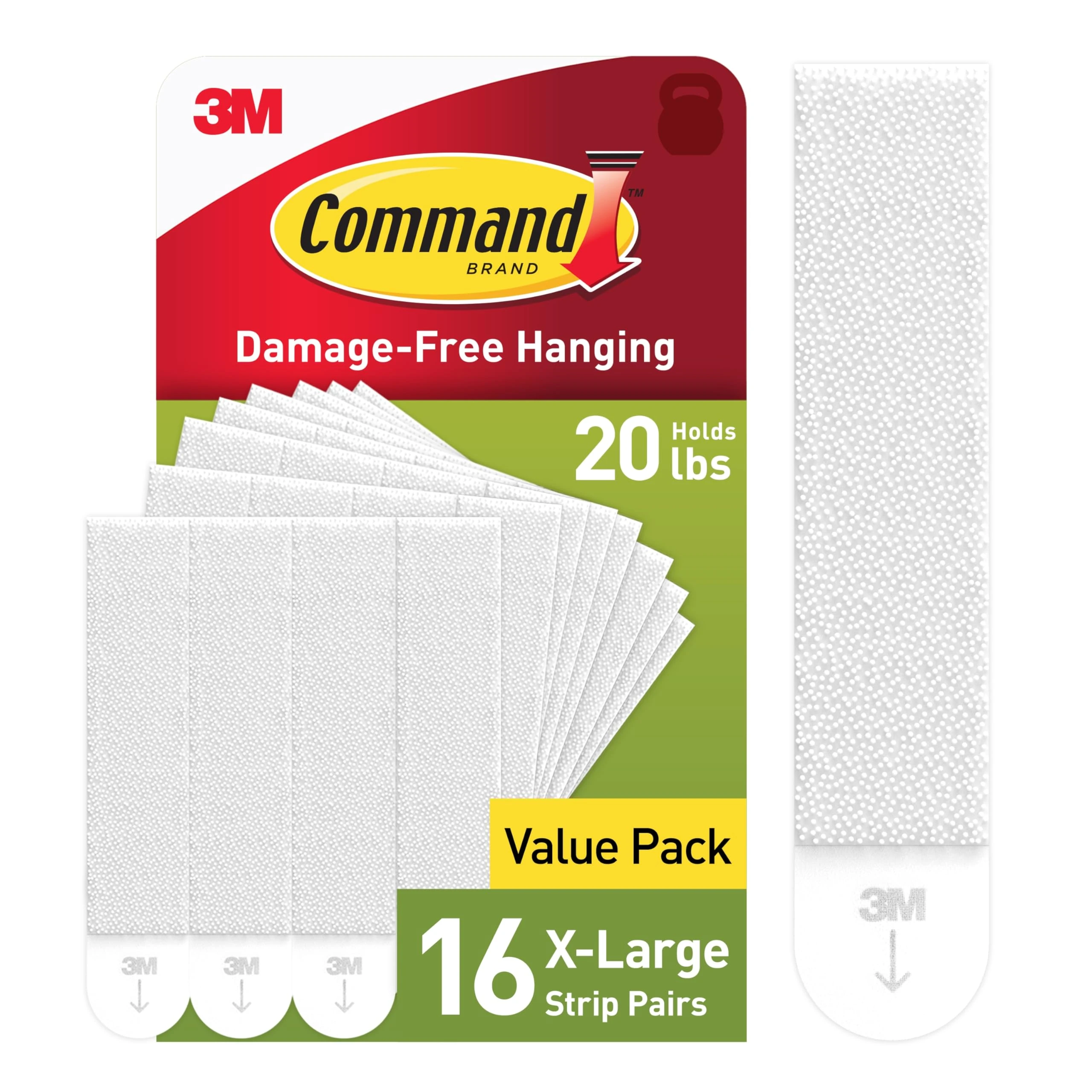 Command 20 lb X-Large Picture Hanging Strips, 16 Pairs White Strips Heavy Duty, Damage-Free Picture Hanger
