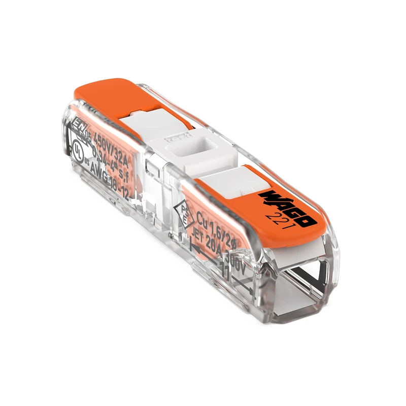 WAGO 221-2401 | Lever-Nuts Inline Splicing Connector | for Solid and Stranded Conductors | 2-Conductor with Operating levers | 24-12 AWG | Transparent housing | White Cover | [Bag of 500 Pieces]