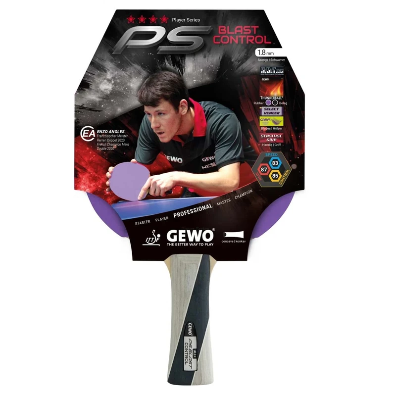 GEWO PS Blast Control Table Tennis Bat - ITTF Approved Professional Table Tennis Bat, Ready Bat with Controlled Thunderball 2 Surface and High Rotation Properties, Concave, 1.8 mm Sponge