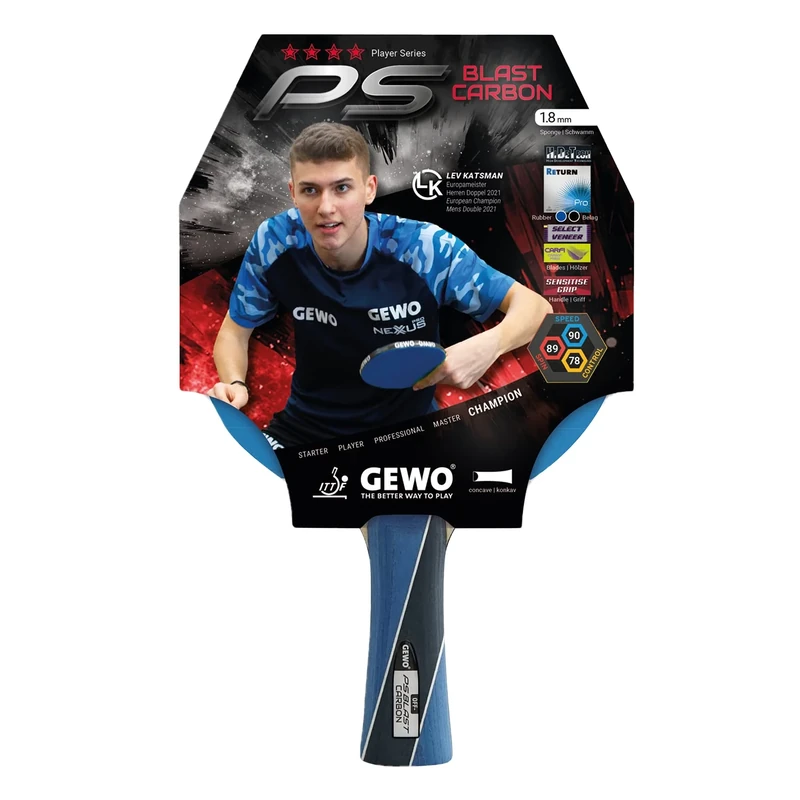 GEWO PS Blast Carbon Table Tennis Bat - ITTF Approved Professional Table Tennis Bat, Carbon Bat with Fast Pad GEWO Return Pro and High Rotation Properties, Concave, 1.8 mm Sponge