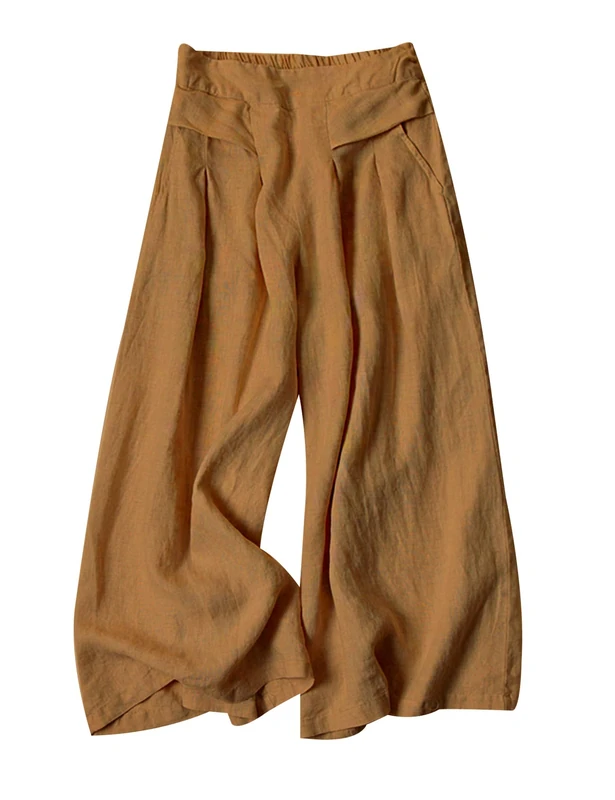 Gihuo Women' s Culottes Linen Blend Wide Leg Pants Elastic Waist Casual Palazzo Trousers with Pockets Capris, Brown, XL
