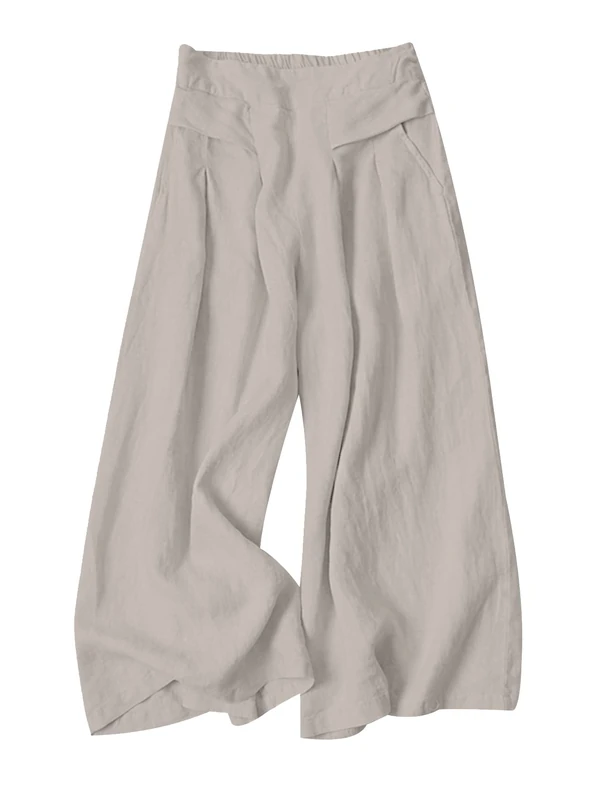 Gihuo Women' s Culottes Linen Blend Wide Leg Pants Elastic Waist Casual Palazzo Trousers with Pockets Capris, Lightkhaki, Large