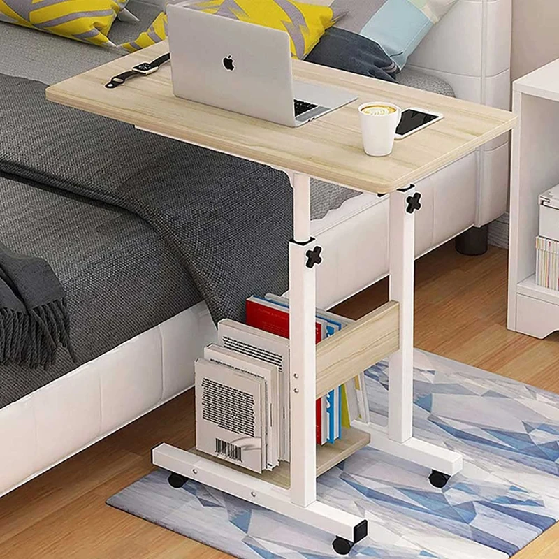 BAKAJI Work Table Computer Computer Computer Height Adjustable Table Bed Sofa with Top and Bottom Shelf MDF Wood Metal Structure Modern Design 60 x 40 x 86 cm (Oak)