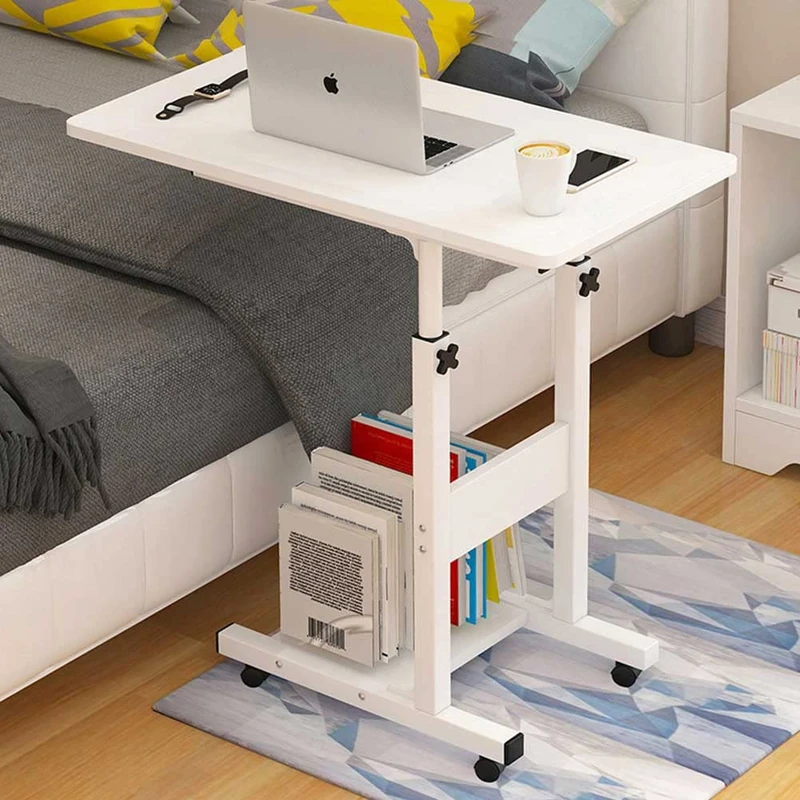 BAKAJI Work Table Computer Computer Computer Height Adjustable Table Bed Sofa with Top and Bottom Shelf MDF Wood Metal Structure Modern Design 60 x 40 x 86 cm (White) - Image 1