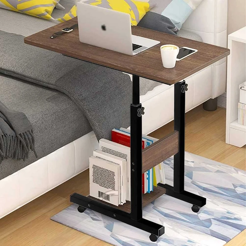 BAKAJI Work Table Computer Computer Computer Height Adjustable Table Bed Sofa with Top and Bottom Shelf MDF Wood Metal Structure Modern Design 60 x 40 x 86 cm (Walnut)