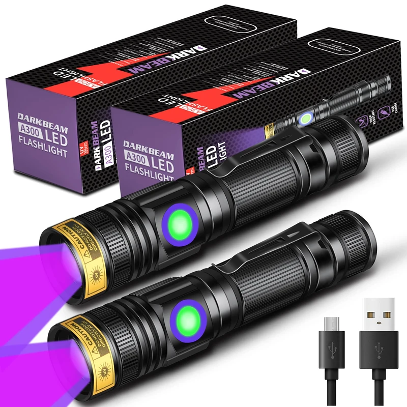 DARKBEAM UV Light Torch Ultraviolet Flashlight Rechargeable 395nm, Wood Lamp Black Light Blacklight Portable Mini Handheld LED Pet Urine Ringworm Detector, Resin Curing, Pocket-Sized, 2 Pack