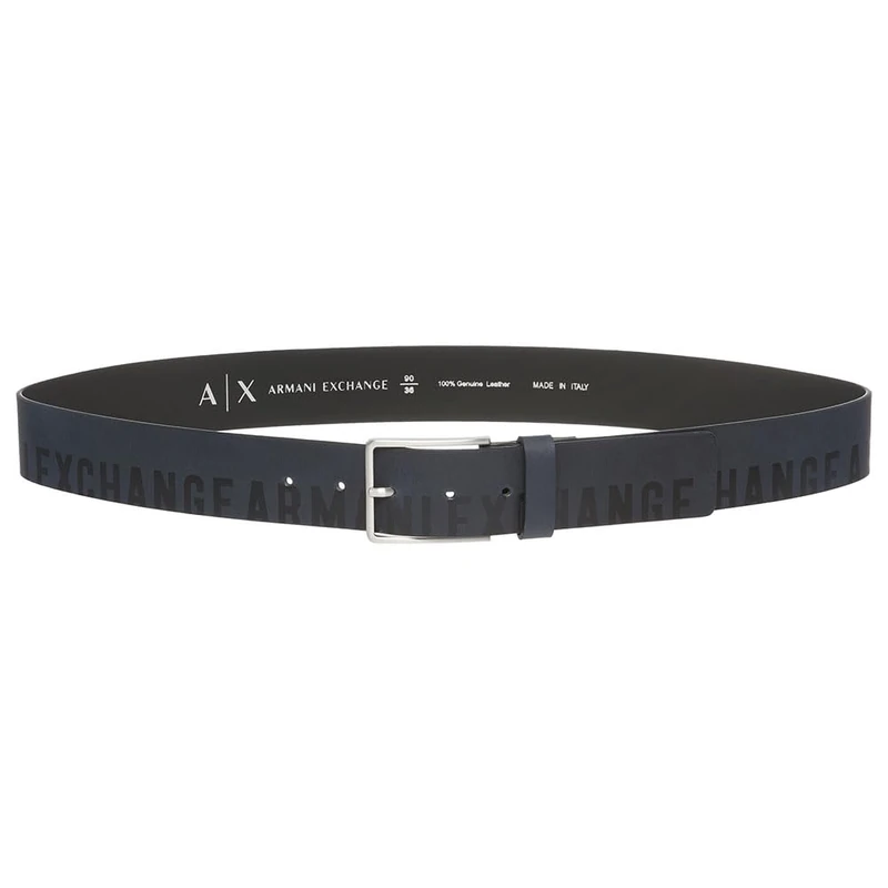 Armani Exchange Men's Leather, Extended Logo, Silver Buckle Tongue Belt, Blue, 85, blue, 85