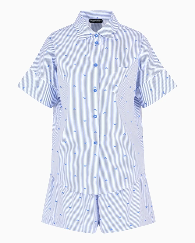 EMPORIO ARMANI Woman Woven Stripes Short Pajamas Set Blue M