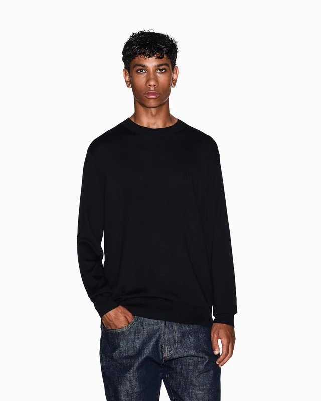 Armani Exchange Men's Long Sleeve Regular Fit Cotton Satin Button Down, Black, Medium