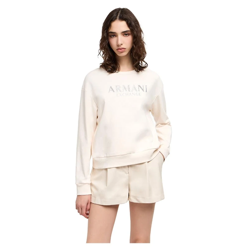 Armani Exchange Women's Arte Sella, Sustainable, Shiny Logo Lettering, Sweatshirt, White, L, off white, L