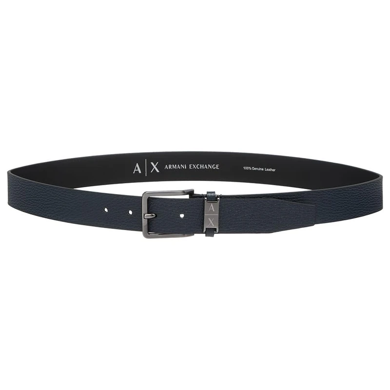 Armani Exchange Men's Monocolor, Silver Buckle, Mini Logo Plate Tongue Belt, Navy, 100 cm