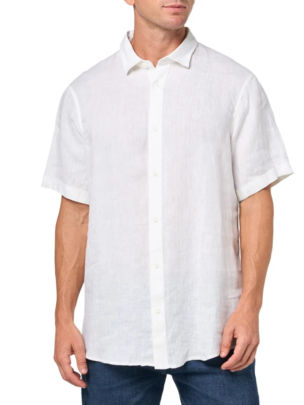 Armani Exchange Men's Short Sleeve Regular Fit Linen Shirt, Shirt, White, L