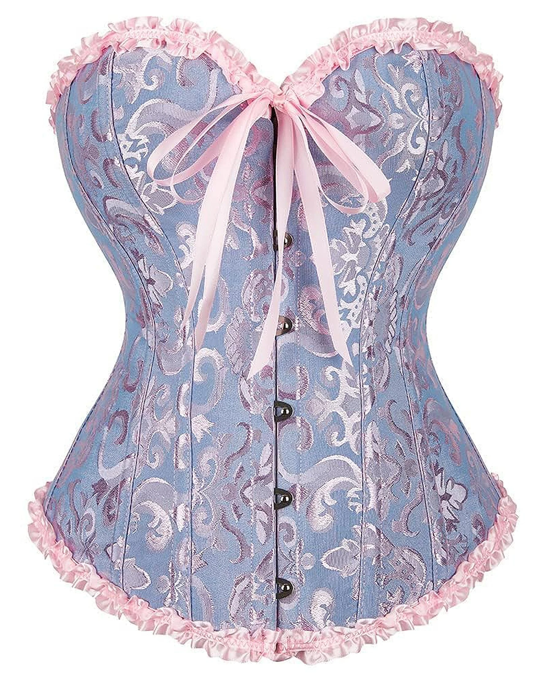 SZIVYSHI Women's Overbust Sweetheart Lace Up Plastic Bones Corset Bustier Top (Blue and Pink, L)