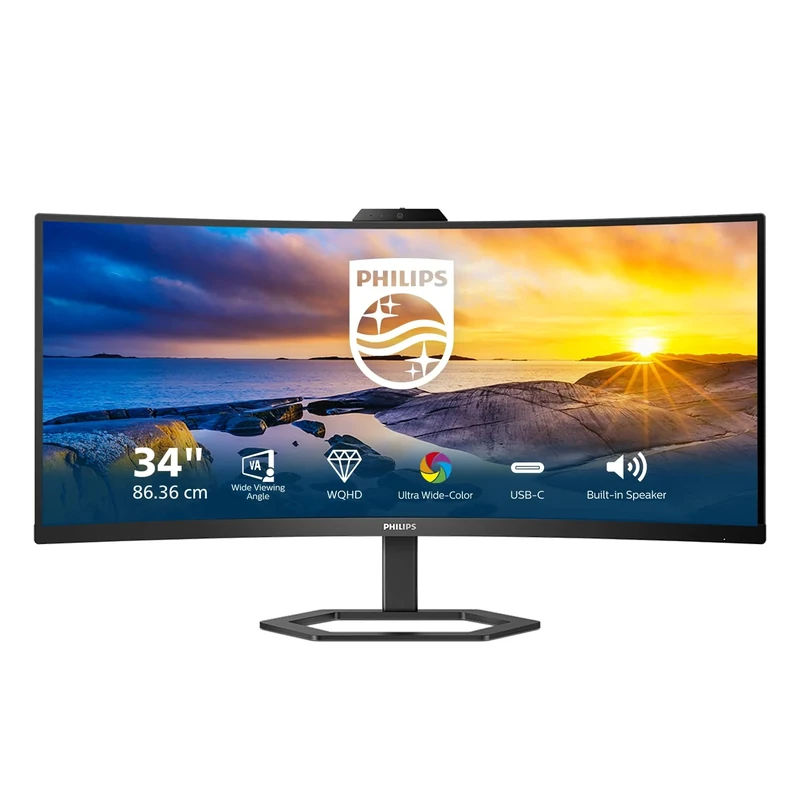 Philips 34E1C5600HE 34 inch QHD Monitor, 100Hz, VA, USB-C, WebCam, Height adjust, Speakers, FreeSync (2560 x 1440 @ 100Hz HDMI 1.4/ DP 1.2 USB-C USB 3.2)