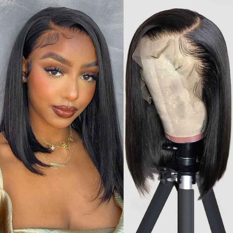 HUIWANYAN Bob Wig Human Hair 13x4 HD Lace Frontal Wig Pre Plucked Hd Lace Front Glueless Wigs Human Hair Wigs Human Hair 180% Density Straight Short Bob Wigs For Black Women Natural Color 12 Inch