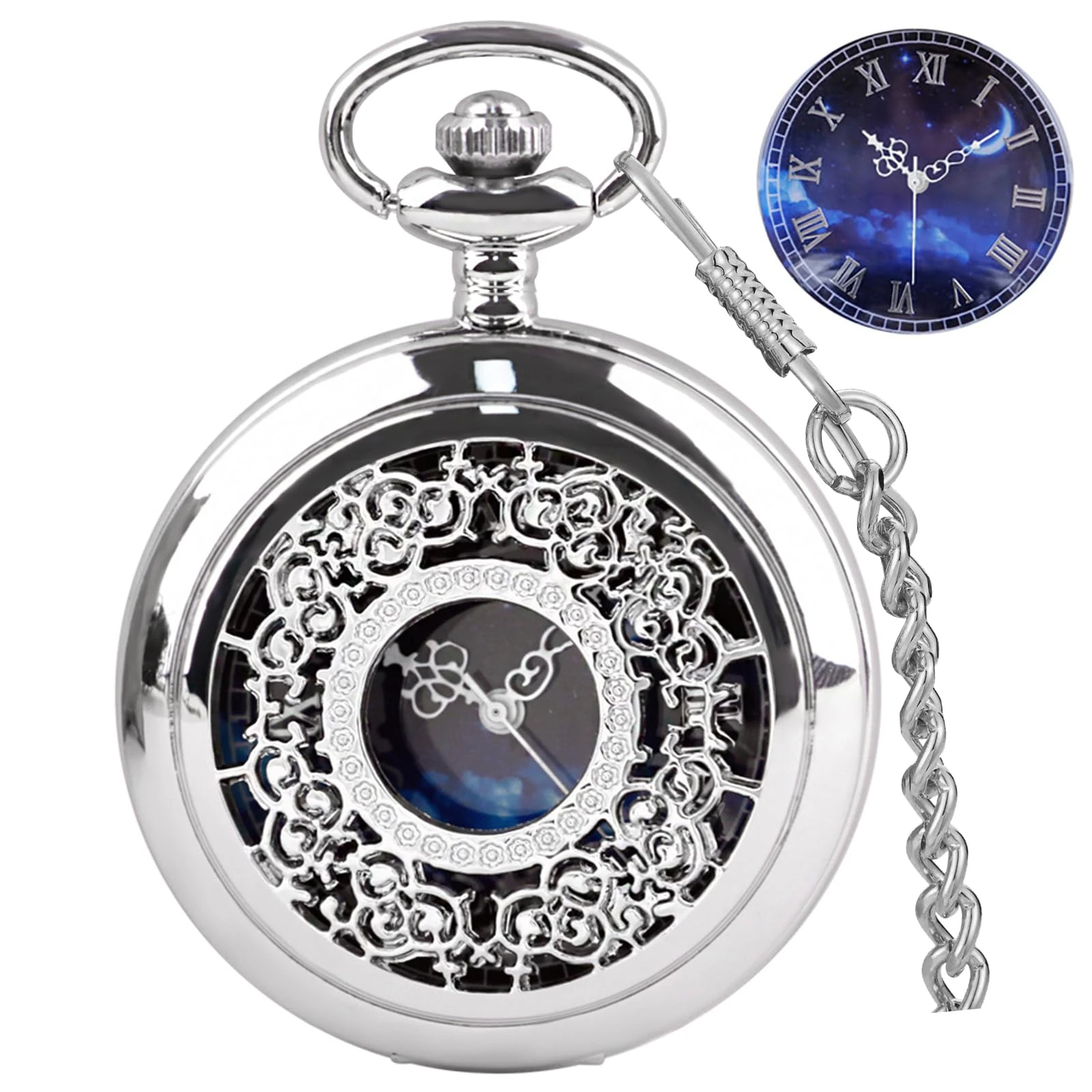 Tiong Vintage Pocket Watch with Chain Hollow Unique Blue Dial Design Quartz Roman Numerals Pocket Watch Best Gifts for Men Women