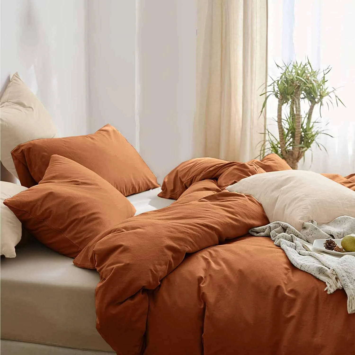 Burnt Orange Queen Comforter Set - 3 Piece Aesthetic Modern Terracotta Bedding Set - All Season Soft & Lightweight Microfiber Down Alternative Comforter Bed Set with 2 Pillow Shams for Women Men