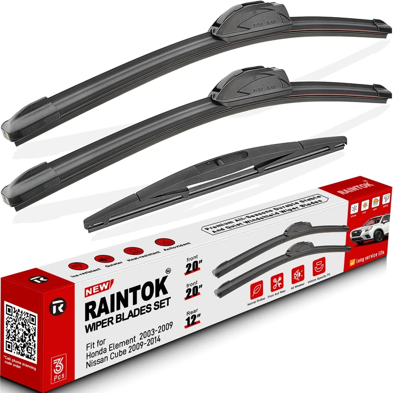 RAINTOK Windshield Wiper Blade Set Replacement for 2003-2009 Honda Element/2009-2014 Nissan Cube Original Equipment Replacement Front Wiper Blades-20"/20"/12" (Set of 3) U/J Hook