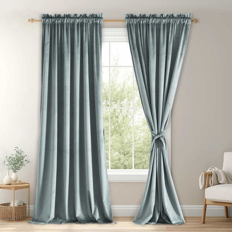 JIUZHEN Stone Blue Velvet Curtains Room Darkening & Noise Reducing Rod Pocket Window Drapes for Bedroom/Living Room/Office/Bathroom, W52 x L108, 2 Panels, Stone Blue