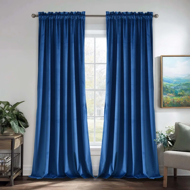 JIUZHEN Velvet Curtains & Drapes - Energy Efficiency Soft Window Curtains Blackout Curtains for Bedroom Living Room Backdrop Patio Door, 60 Width x 96 inch Length, 2 Panels,Blue
