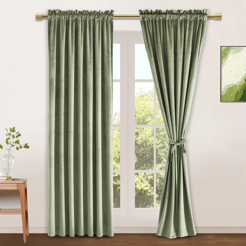 JIUZHEN Velvet Blackout Curtains for Bedroom Thermal Insulated Room Darkening Rod Pocket Drapes for Dinning Room, Set of 2 Panels, 52W x 84L, Sage Green