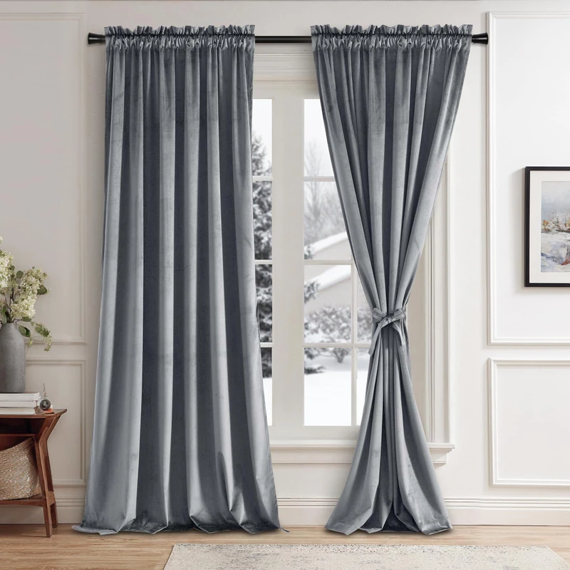 JIUZHEN Grey Blackout Velvet Curtains 84 inches - Set of 2