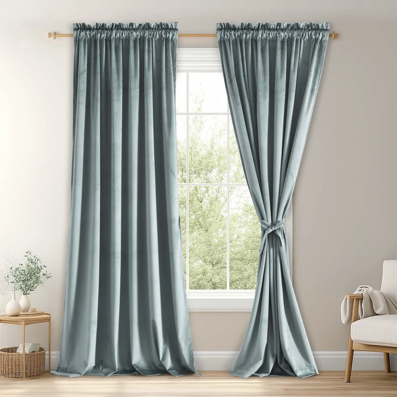 JIUZHEN Stone Blue Velvet Curtains 96 inch Length for Living Room Luxury Noise Reducing Rod Pocket Room Darkening Window Drapes for Bedroom Dining Room, 2 Panels, W52 x L96 inches
