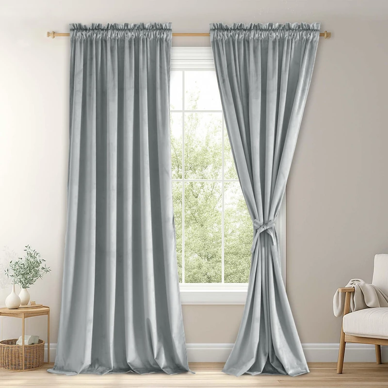 JIUZHEN Velvet Blackout Curtains for Bedroom - 84 inches Thermal Insulated Room Darkening Rod Pocket Drapes for Ofiice/Party, Set of 2 Panels with Tiebacks, 60W x 84L, Silver Grey