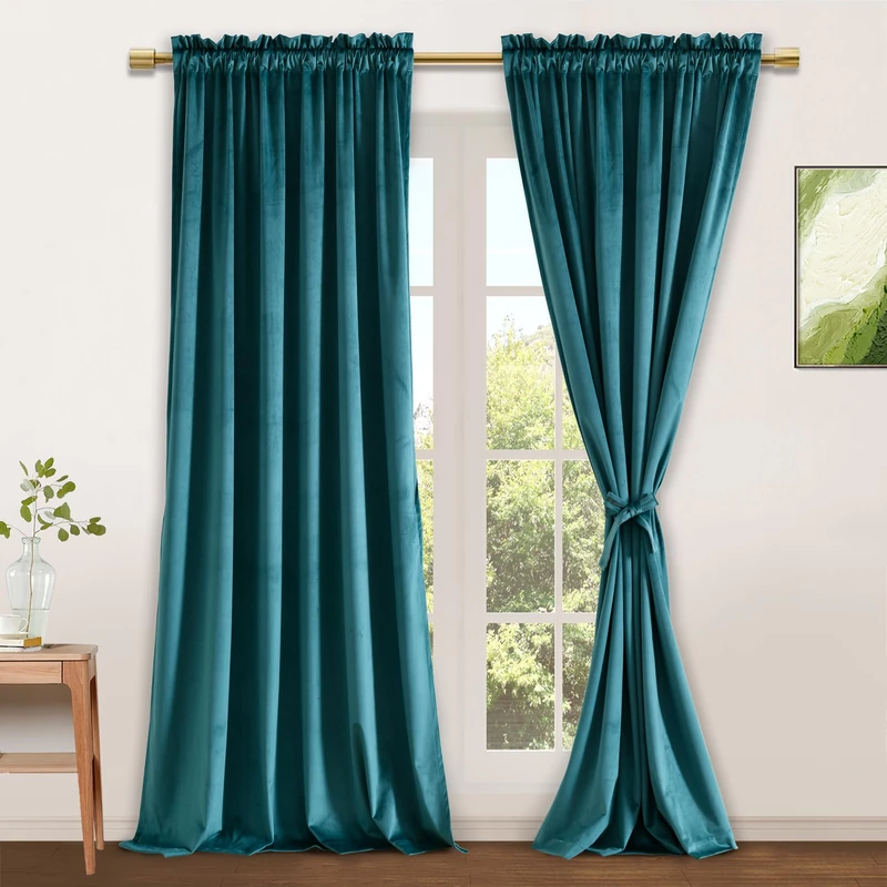 JIUZHEN Teal Velvet Curtains 96 inches - Soft Retro Velvet Blackout Rod Pocket Curtains Thermal Insulated Noise Reducing Window Drapes for Party/Hotel Hall, 52W x 96L, Set of 2 Panels