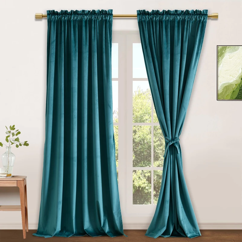 JIUZHEN Teal Velvet Curtains 108 inches Long Super Soft Retro Velvet Blackout Rod Pocket Curtains Thermal Insulated Noise Reducing Window Drapes for Party/Hotel Hall, 52W x 108L, Set of 2 Panels
