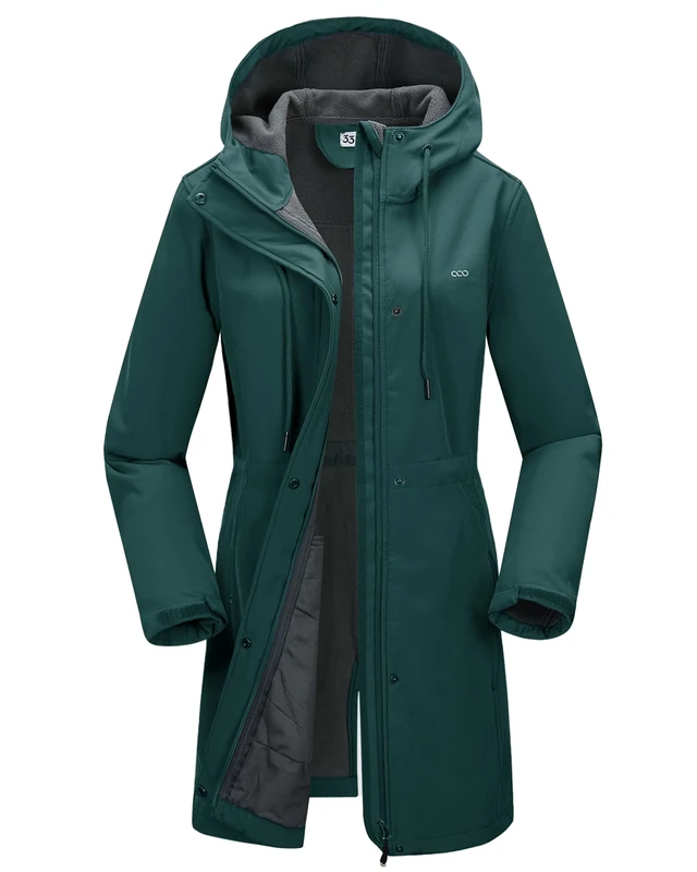 33,000ft Women’s Softshell Jacket with Hood Waterproof Ladies Functional Jacket Fleece Lined Windbreaker Breathable Raincoat Hooded Long Coats for Cycling Hiking Outdoor Dark Green L