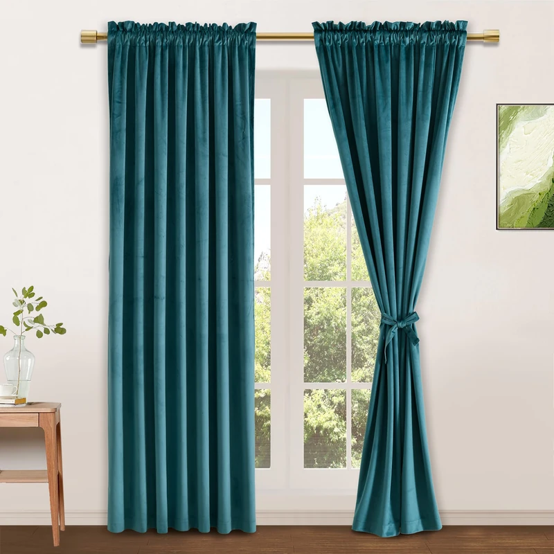 JIUZHEN Teal Velvet Curtains 84 Inch Long Soft Retro Velvet Blackout Thermal Insulated & Noise Reducing Rod Pocket Curtains for Living Room/Bedroom, 42 x 84 Inches, 2 Panels with Tiebacks