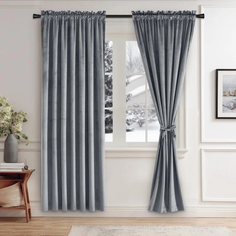 JIUZHEN Grey Velvet Blackout Curtains for Bedroom 72 inches Thermal Insulated Room Darkening Rod Pocket Drapes for Living Room/Office/Party, Set of 2, 52W x 72L