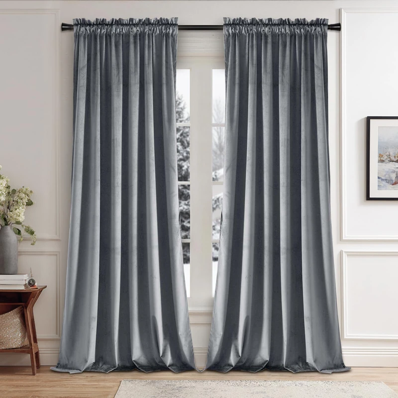 JIUZHEN Grey Velvet Curtains - Thermal Insulated Window Curtains for Bedroom Backdrop, Energy Efficient Panels Drapes for Living Room Sliding Door, 60W x 96L inches, 2 Panels with Tiebacks