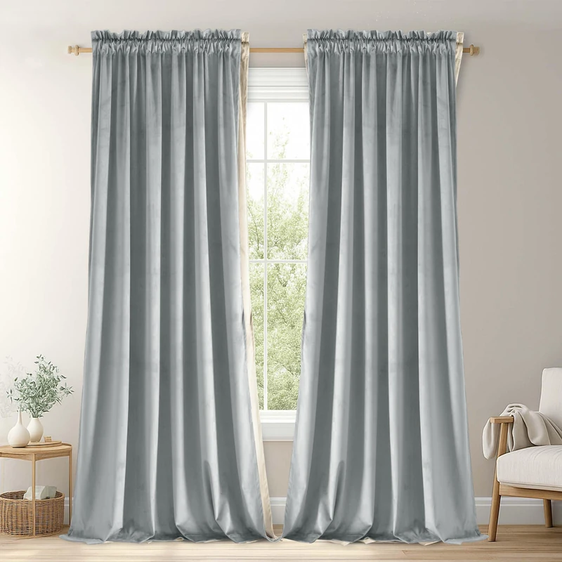 JIUZHEN Silver Grey Velvet Curtains 108 Inch Long Rod Pocket Blackout Thermal Insulated Cortinas Soundproof Curtains for Sliding Glass Doors, Bedroom Curtains 2 Panel Sets, 52W x 108L
