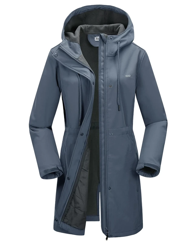 33,000ft Women’s Softshell Jacket with Hood Waterproof Ladies Functional Jacket Fleece Lined Windbreaker Breathable Raincoat Hooded Long Coats for Cycling Hiking Outdoor Grayish Blue L