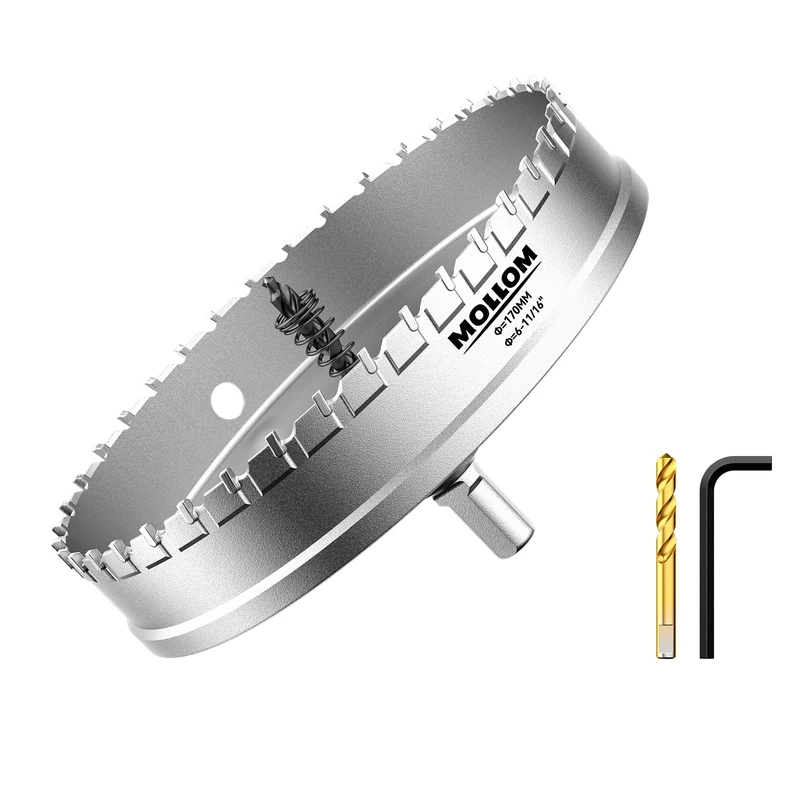 Mollom (170mm | 6-11/16'') Heavy Duty Carbide Hole Saw with 2 Pilot Drill Bits, Hole Cutter cuts Stainless Steel, mild Steel, Iron, Copper, Brass, Plastic