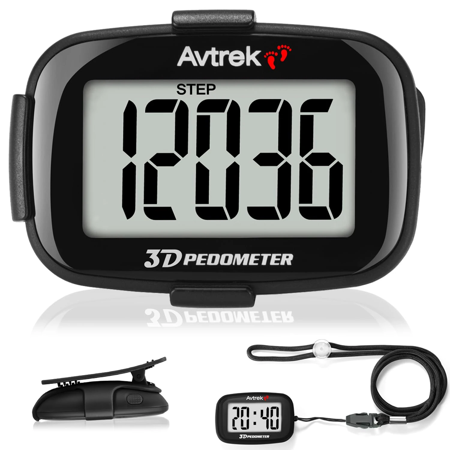 AVTREK Step Counter with Clip and Lanyard, 3D Pedometer with Time Display and LED Backlight, Simple Step Counter for Walking Running, Men Women Elder(Black)