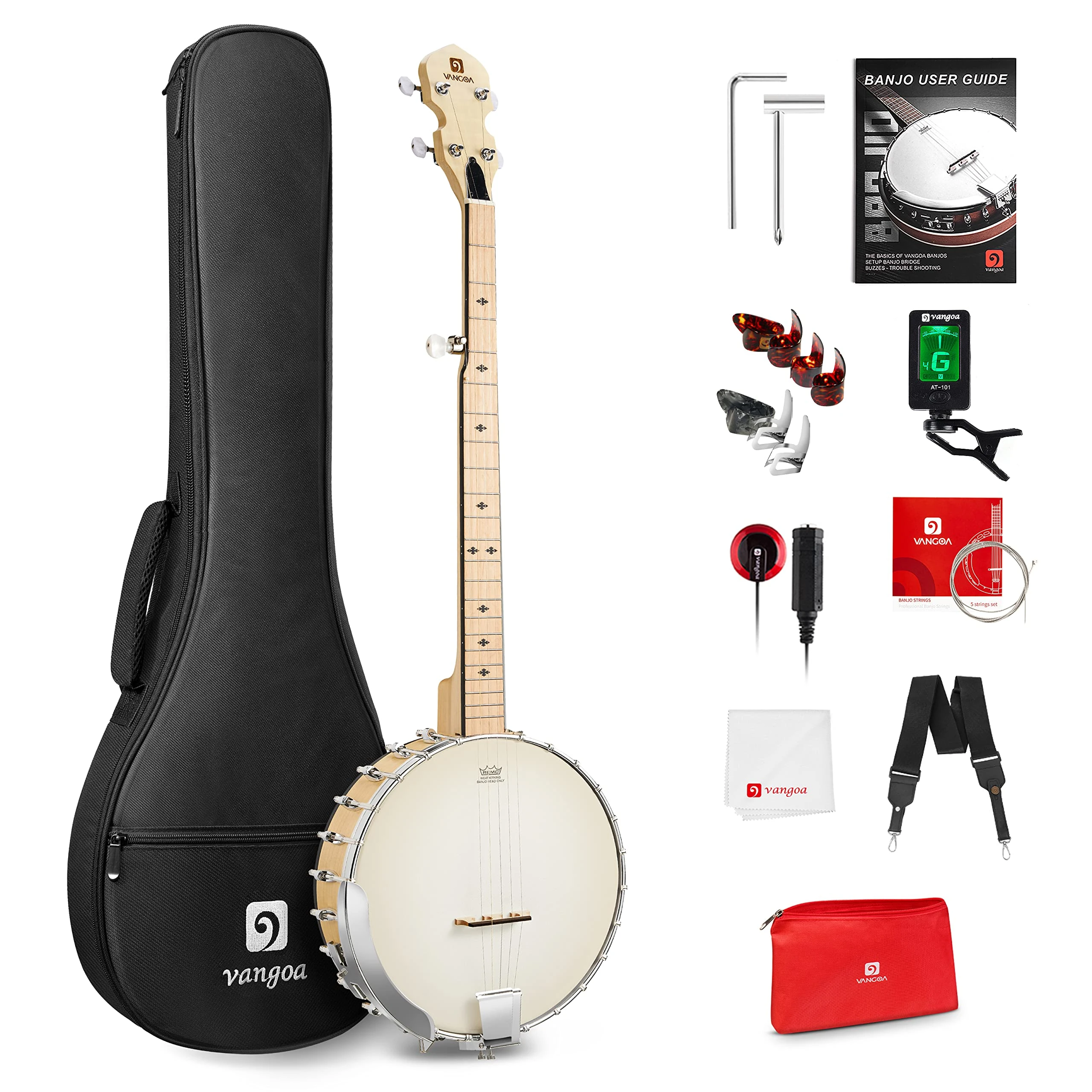 Vangoa 38 inches Banjo Open Back 5 String Full-size Beginner Banjo Kit with Renaissance Remo Head, Geared 5th Tuner, Maple Banjoe, Natural