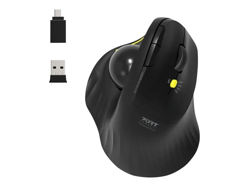 Port Connect Ergonomic Mouse with Directional Ball Bluetooth Wireless Rechargeable USB-a/USB-c 2.4 GHz Black