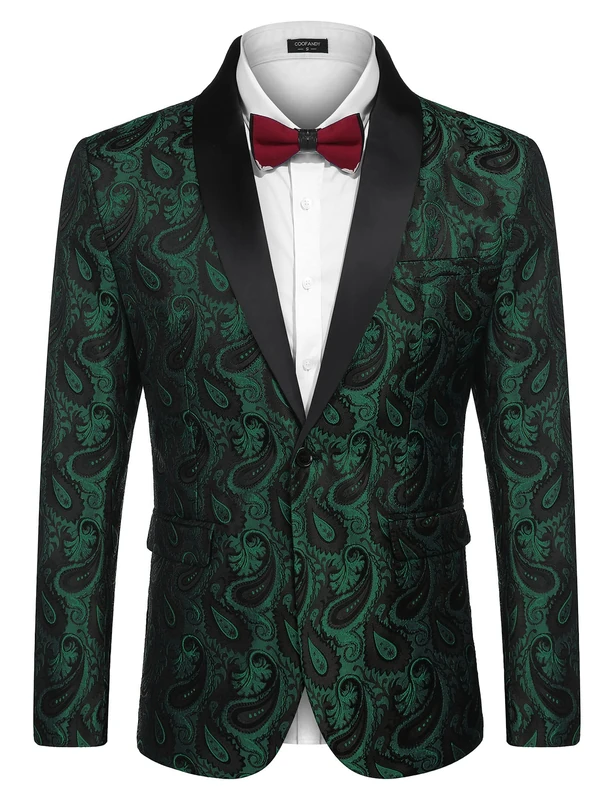 COOFANDY Mens Floral Tuxedo Jacket Paisley Shawl Lapel Suit Blazer Jacket for Dinner,Prom,Wedding, Christmas Green, S