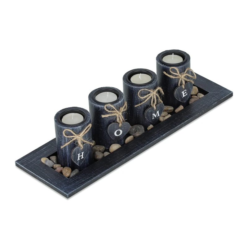 Relaxdays Tealight Holder Set with Tray & Pebbles, 39.5 cm, Table Centrepiece, Dining Room, 4 Candles, ‘Home’, Black