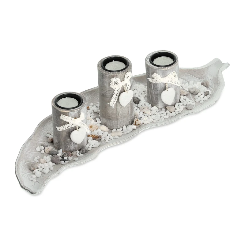 Relaxdays Tealight Holder Set with Tray & Pebbles, 50.5 cm, Table Centrepiece, Lounge & Dining Room, Rustic, Beige/White