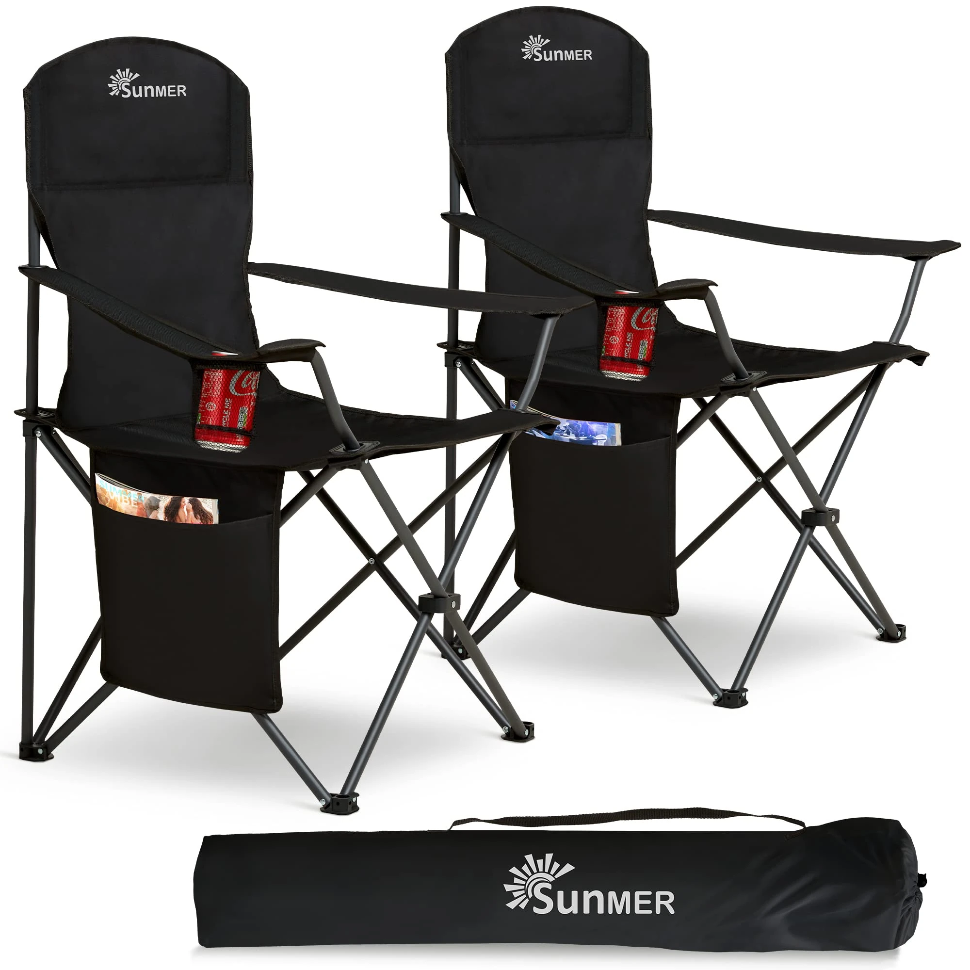 SUNMER Set of 2 Folding Camping Chairs, Extra-Wide Lightweight Outdoor Chairs with Armrests, Cup Holder and a Side Pocket, 120kg Capacity per Chair - Black