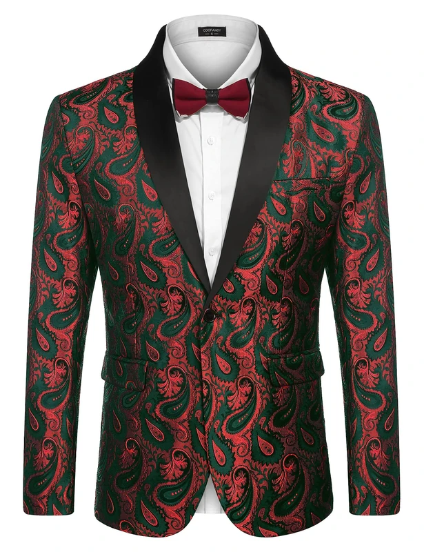 COOFANDY Mens Floral Tuxedo Jacket Paisley Shawl Lapel Suit Blazer Jacket for Dinner,Prom,Wedding, Christmas Red Green, XXL
