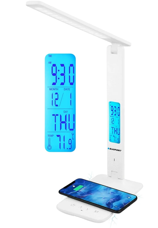 BLAUPUNKT White LED Desk Lamp, Wireless Phone Charger, USB, Dimmable Table Lamp with 5 Colour Modes, Adjustable Arm, LCD Display, Clock Calendar Temperature, Easy to Use - Home Office Work Study