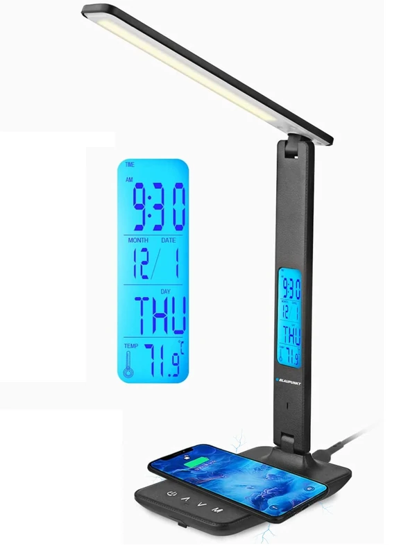 BLAUPUNKT Black LED Desk Lamp, Wireless Phone Charger, USB, Dimmable Table Lamp with 5 Colour Modes, Adjustable Arm, LCD Display, Clock Calendar Temperature, Easy to Use - Home Office Work Study