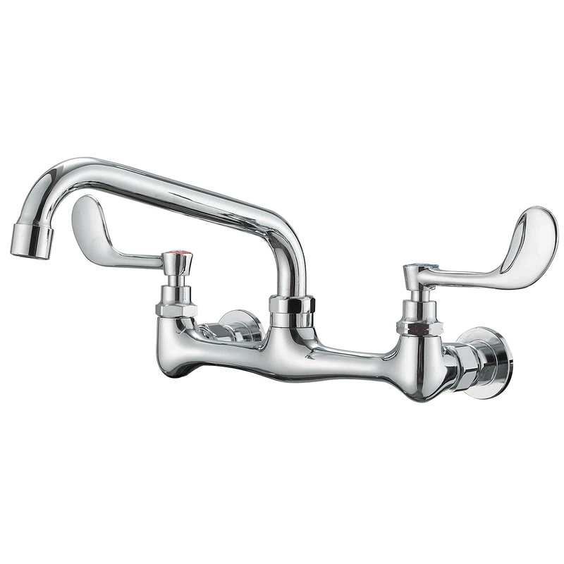 BWE Kitchen Sink Faucet Wall Mount 2 Handle with 12" Swivel Spout 8" Center Commercial Sink Faucet Polished Chrome Utility Laundry Restaurant Bar Mixer Tap Brass Constructed Lead-Free