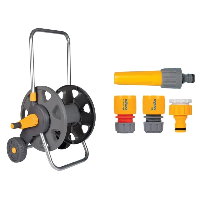 HOZELOCK - Cart Reel 60 m without Equipment : Max Capacity 60m, Reinforced Axis, Freestanding & Hozelock 2352 Hose Fitting Starter Set