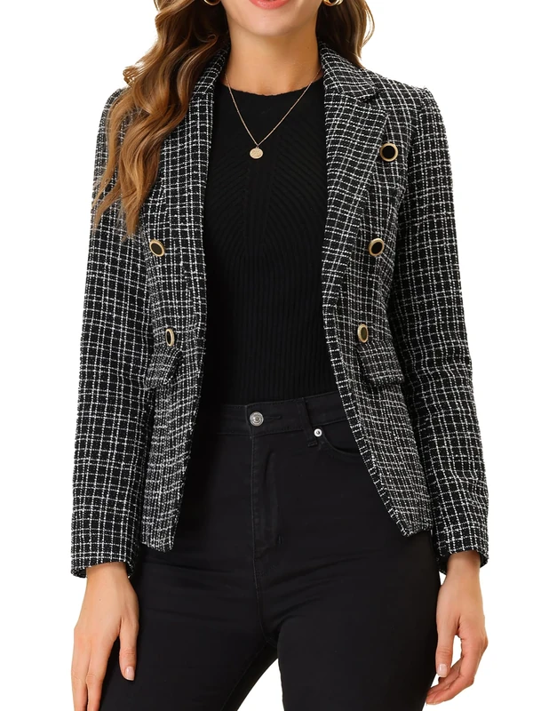 Allegra K Women's Tweed Jacket Plaid Blazer Long Sleeve Elegant Work Open Front Tweed Blazer Jackets, Black Sparkly, XL